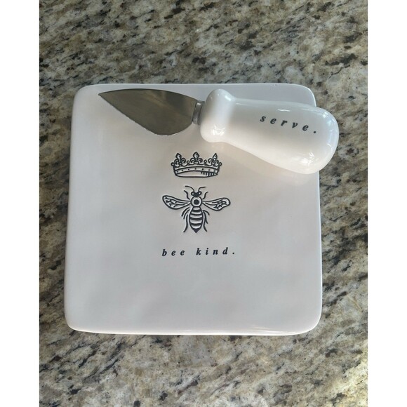 Rae Dunn Other - Rae Dunn Cheese Plate & Serve Knife Set Bee Kind - Crowned Bee Design